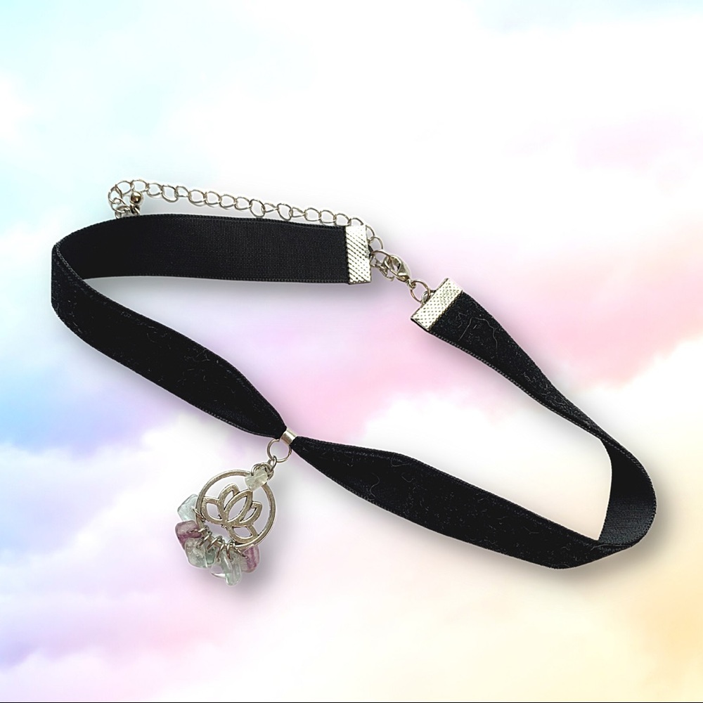 ⭐️ Thick Velvet Choker Lotus Flower Crystal Pendant Necklace Black